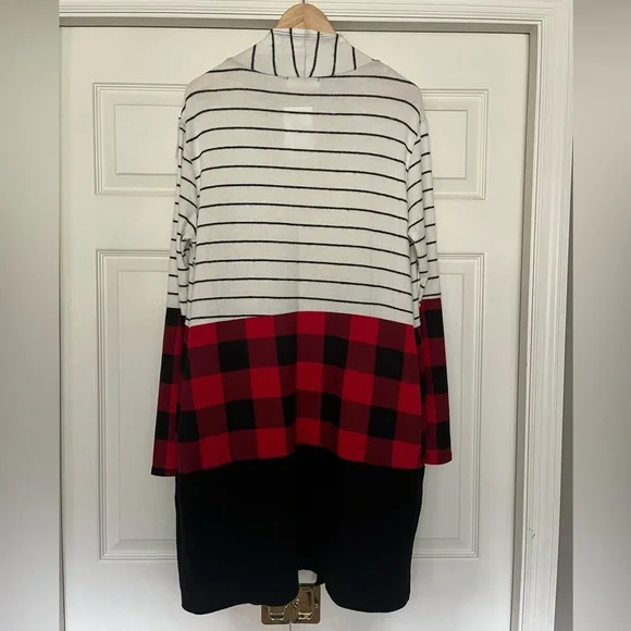 {Haptics} Buffalo Plaid Striped Open Front Long Cardigan - Women's Medium - NWT - Picture 7 of 11